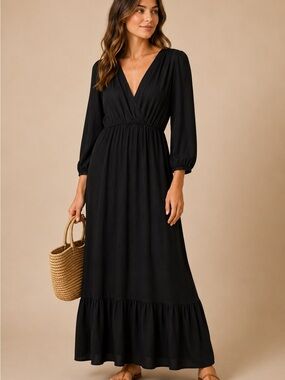 Fraiche by J Black Maxi Dress Small Surplice V-Neck Long Sleeve Tiered Boho